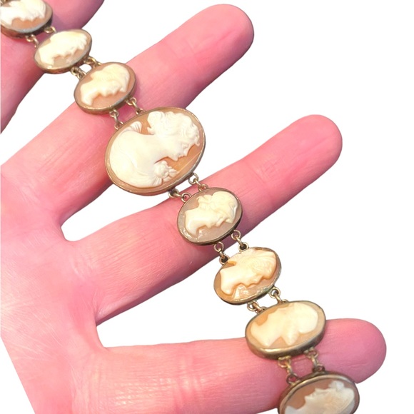 Stunning Antique Art Deco Italy Carved Shell Cameo Link Bracelet 900 GF wash - Picture 3 of 11